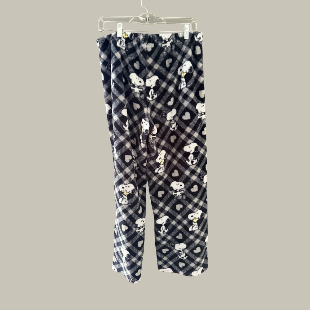 Munki Munki Peanuts Snoopy Fleece Pajama Set XL Black White Plaid Hearts Button - Picture 2 of 11